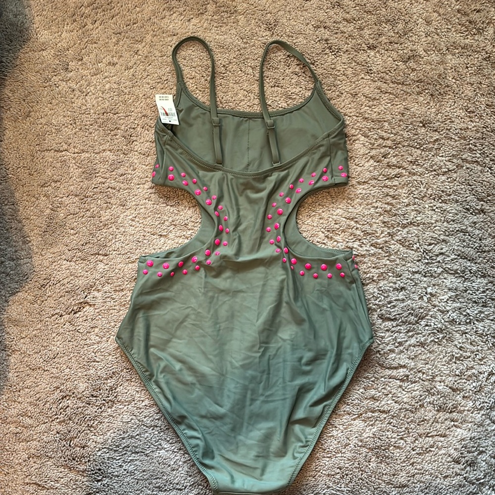 NWT Aerie Green Cut Out Full Coverage One Piece Swimsuit w/ Pink Accents Size S - Picture 3 of 10